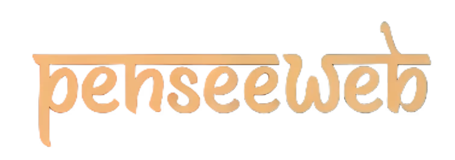 PenseeWeb logo in stylized gold lettering with a Devanagari-inspired horizontal line above the text.