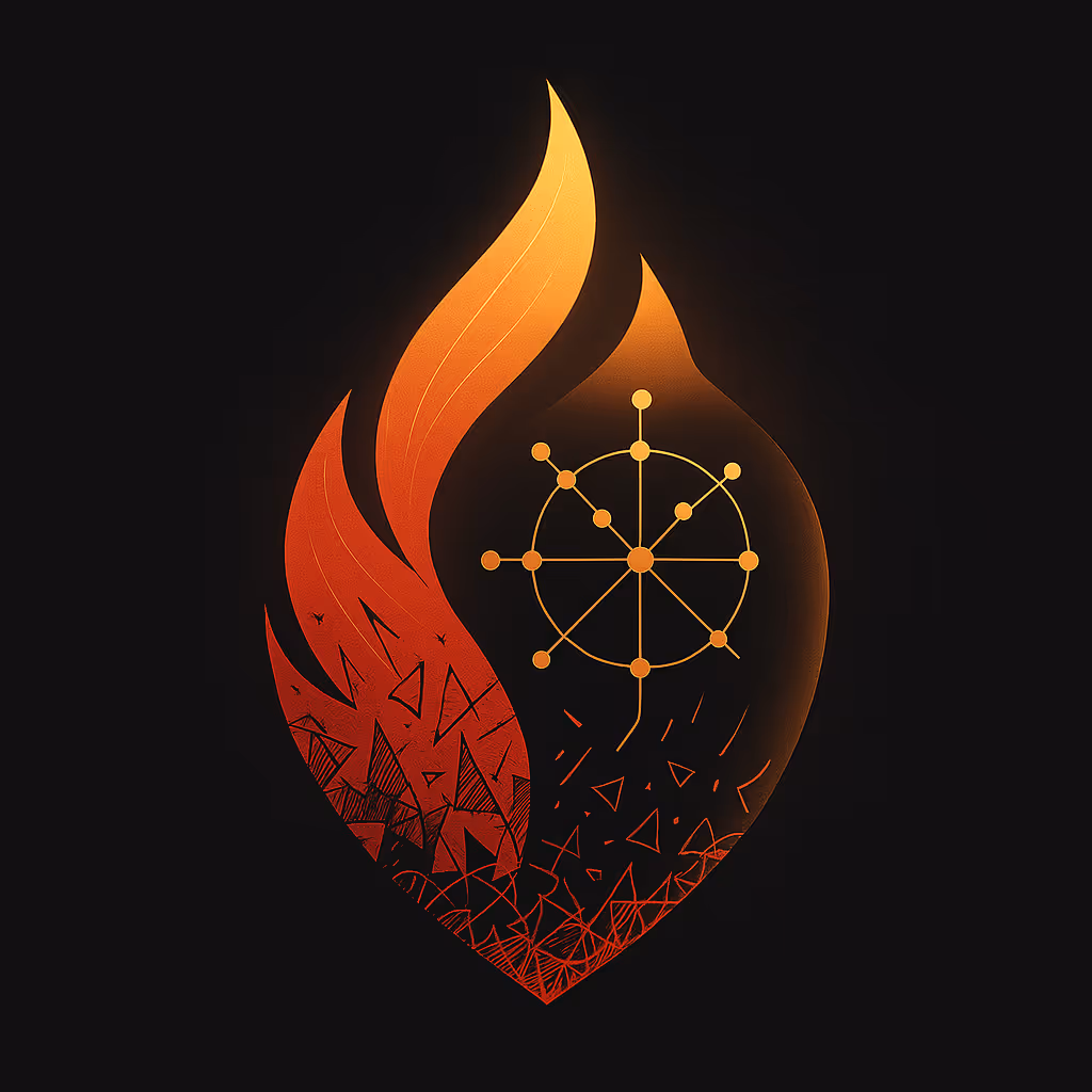 Abstract illustration of an orange and gold flame with a geometric mind map symbol at its center, representing PenséeWeb’s mission to transform chaotic information into clarity through AI-powered mind mapping and learning tools.